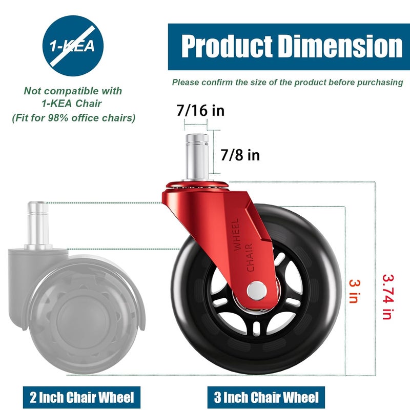 TESUMI Red Office Chair Wheels 3" Inch Roller Blade Rubber Wheels Caster Replacement, 11mm Universal Fit Stem Heavy Duty Quiet Gaming Desk Chair Caster Wheels for Hardwood Floor Carpet - Set of 5 - Image 3